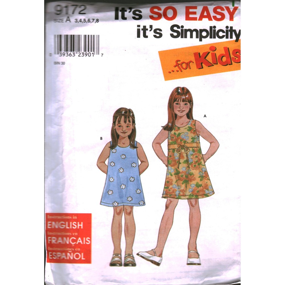 Simplicity 9172 Kids Dress Sewing Pattern Size 3-8 Sleeveless ALine Summer Dress